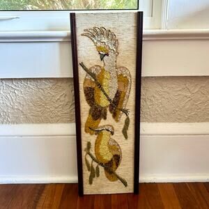 Vintage Burlap Wall Art with Birds – Mid Century Textured Wall Hanging